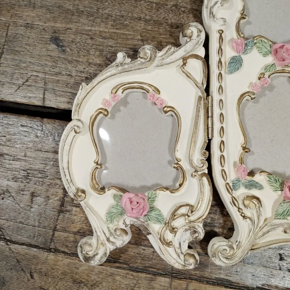 Vintage Victorian Photo Frame Roses Four Photos Floral Flowers Tri Fold Standing